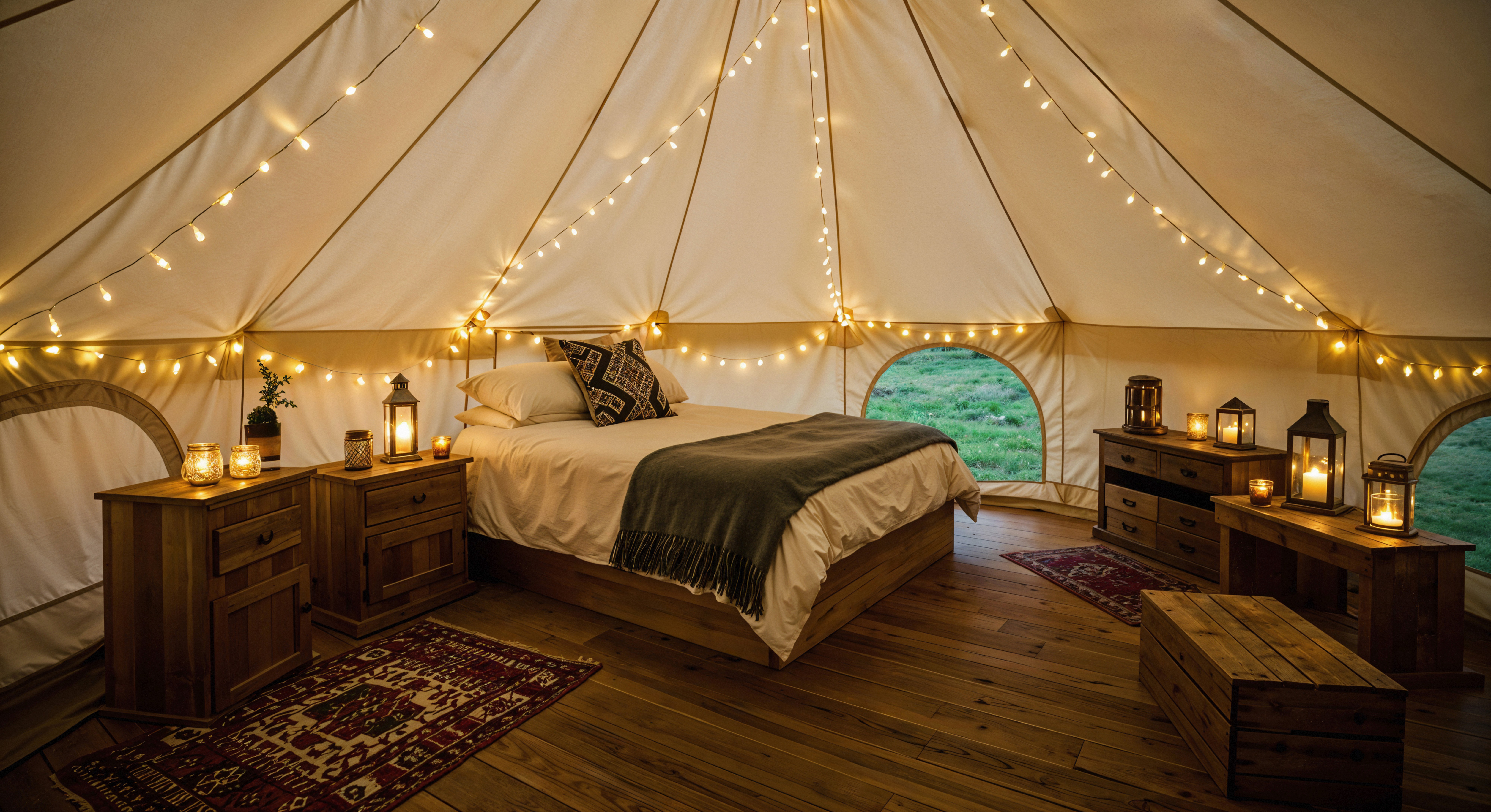 Interior de una tienda de glamping de lujo con cama doble, decoración rústica y guirnaldas de luces cálidas.