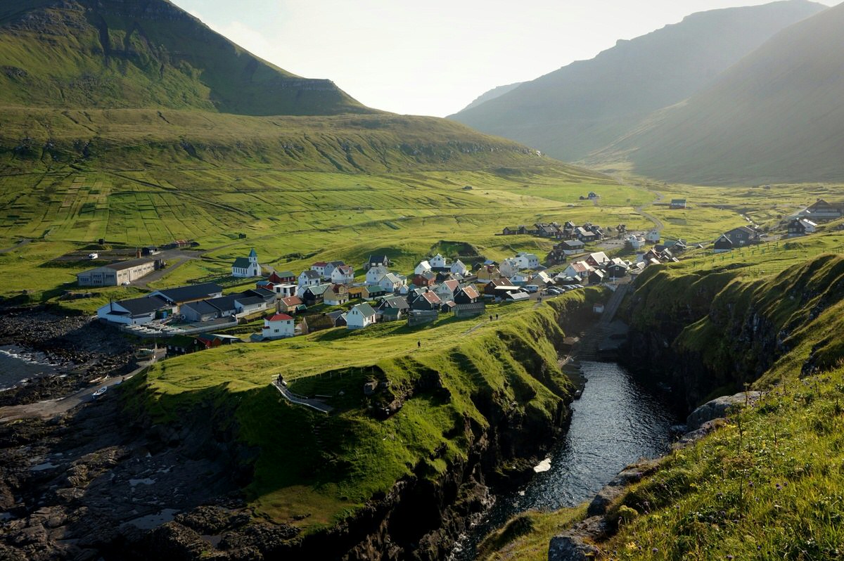 Gjógv village in green landscape Faroe islands