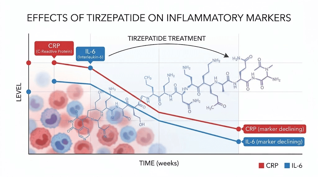 Tirzepatide reducing CRP and IL-6 inflammatory markers chart