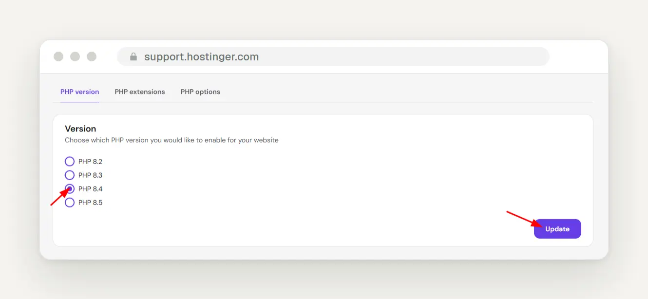Hostinger hPanel, "PHP version" tab: Select PHP 8.2 through 8.5 and click the "Update" button to save