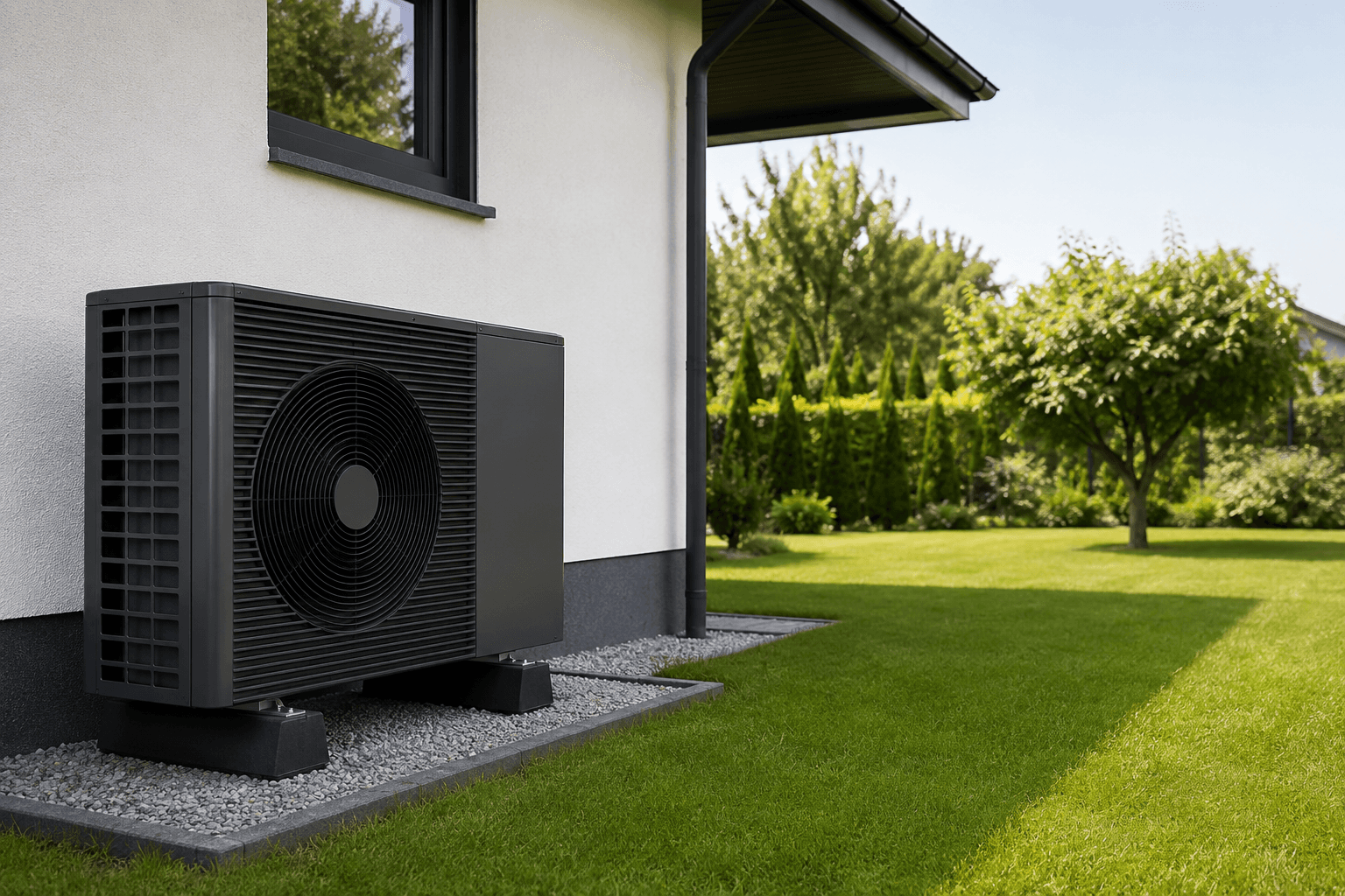 Air source heat pump installed in a UK garden showing outdoor unit positioning relevant to planning permission rules