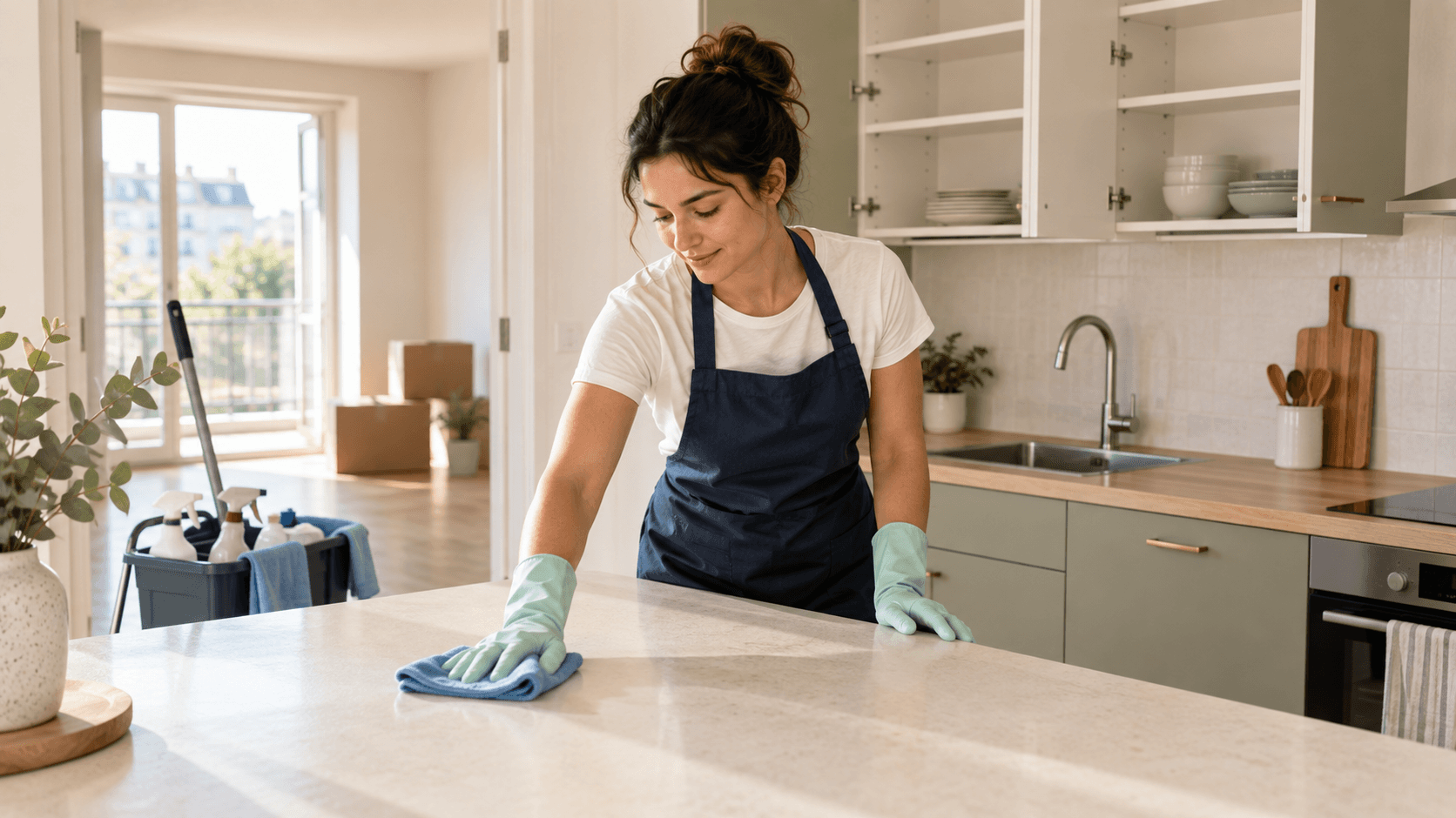 Professionnel nettoyant le plan de travail d’une cuisine vide avant l’état des lieux