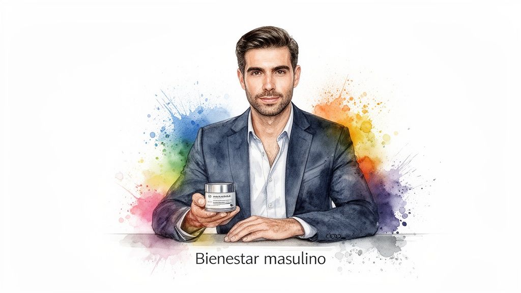 Hombre bien vestido presentando un frasco de crema con un fondo de salpicaduras de acuarela coloridas, promocionando bienestar masculino.