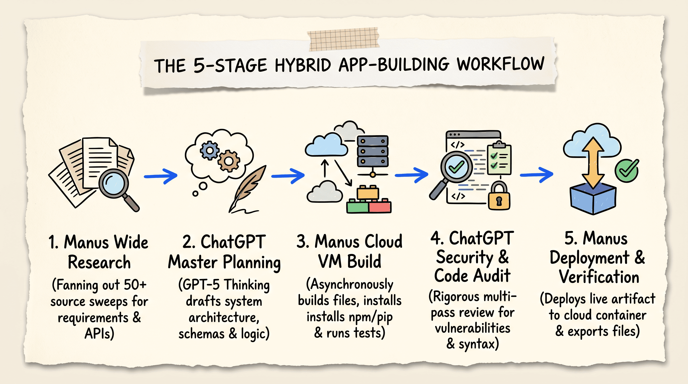 Scrapbook sequence diagram illustrating the 5 stage hybrid workflow pairing ChatGPT planning with Manus cloud VM execution
