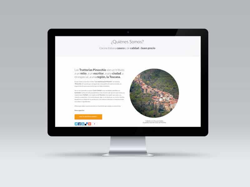 Página web de restaurante italiano Trattorias Pinocchio con vista de paisaje toscano.