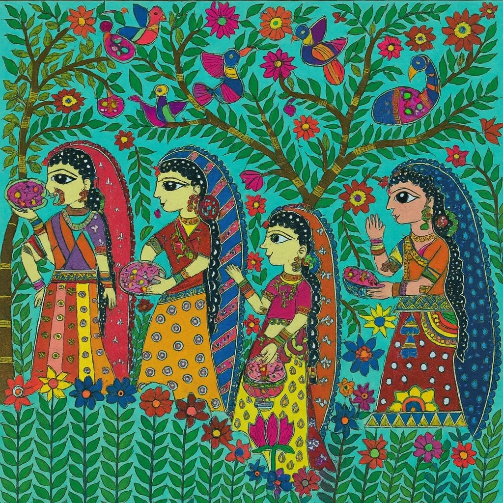 Newly married girls collecting flowers for Madhushravani