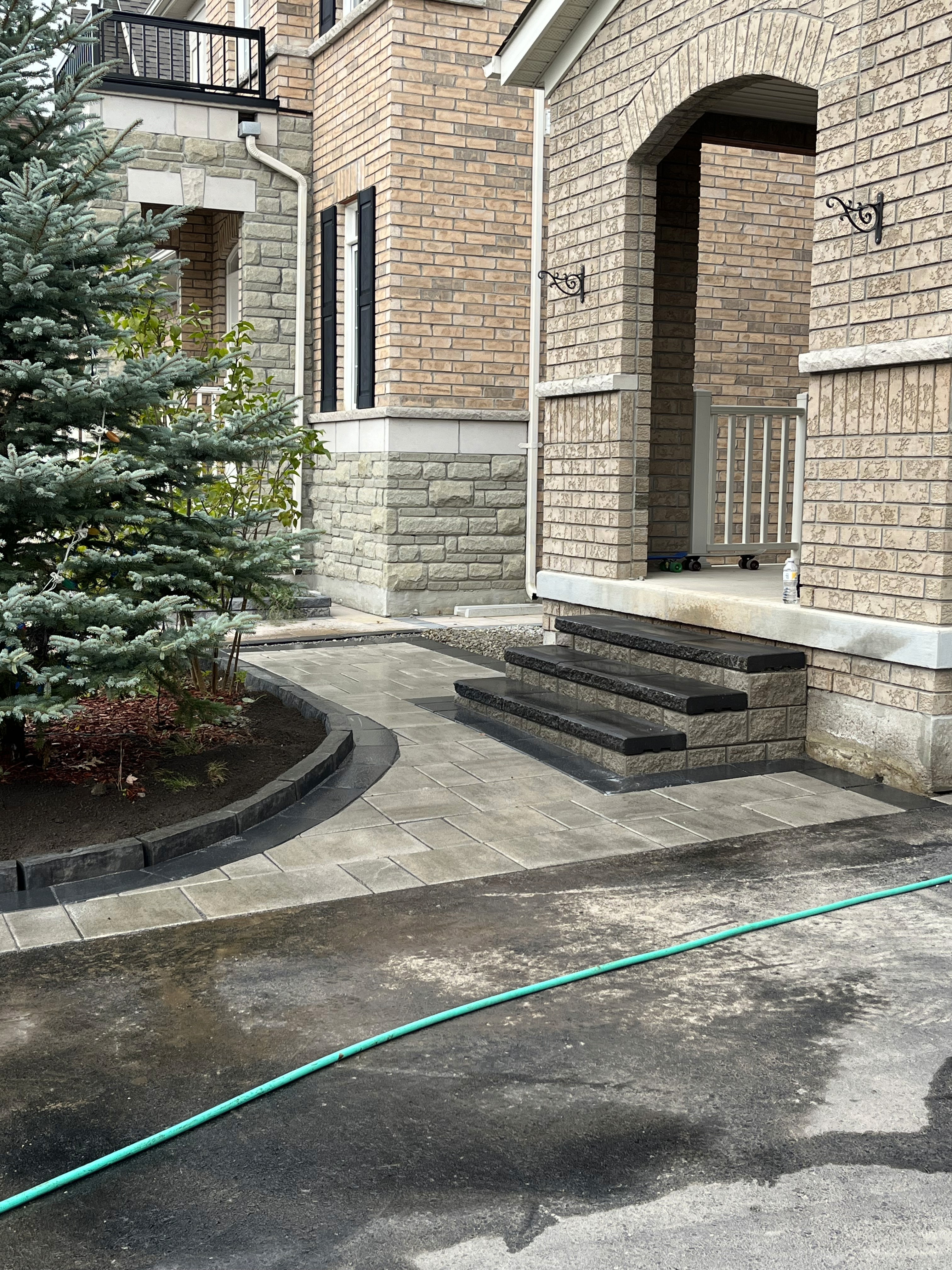 Brick house steps and paved walkway with pine tree