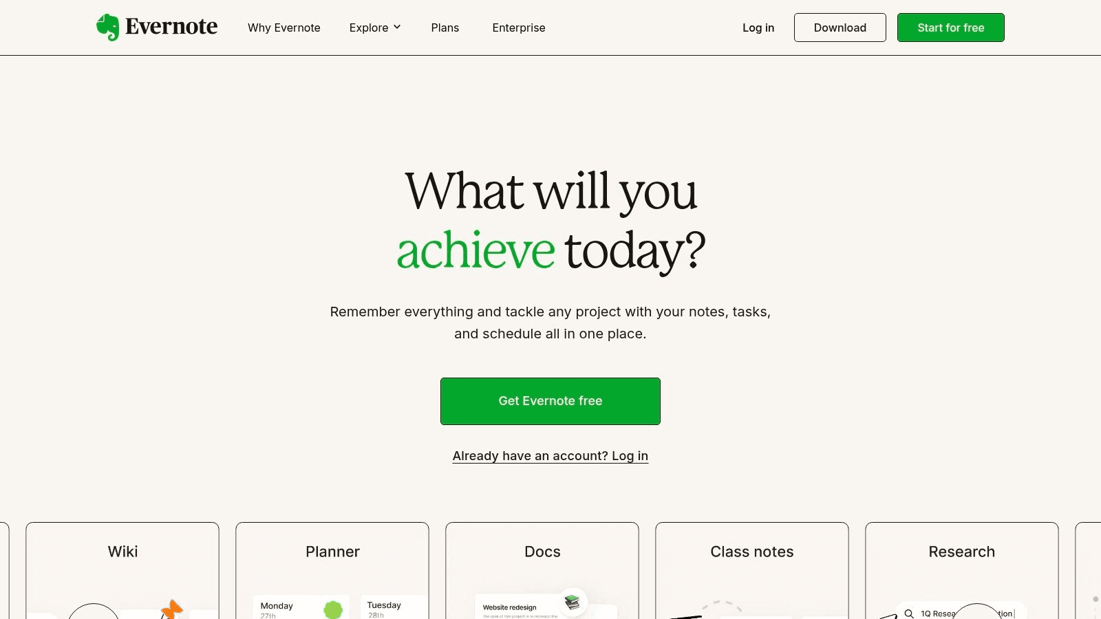 Screenshot of Evernote note-taking app for Mac homepage. 