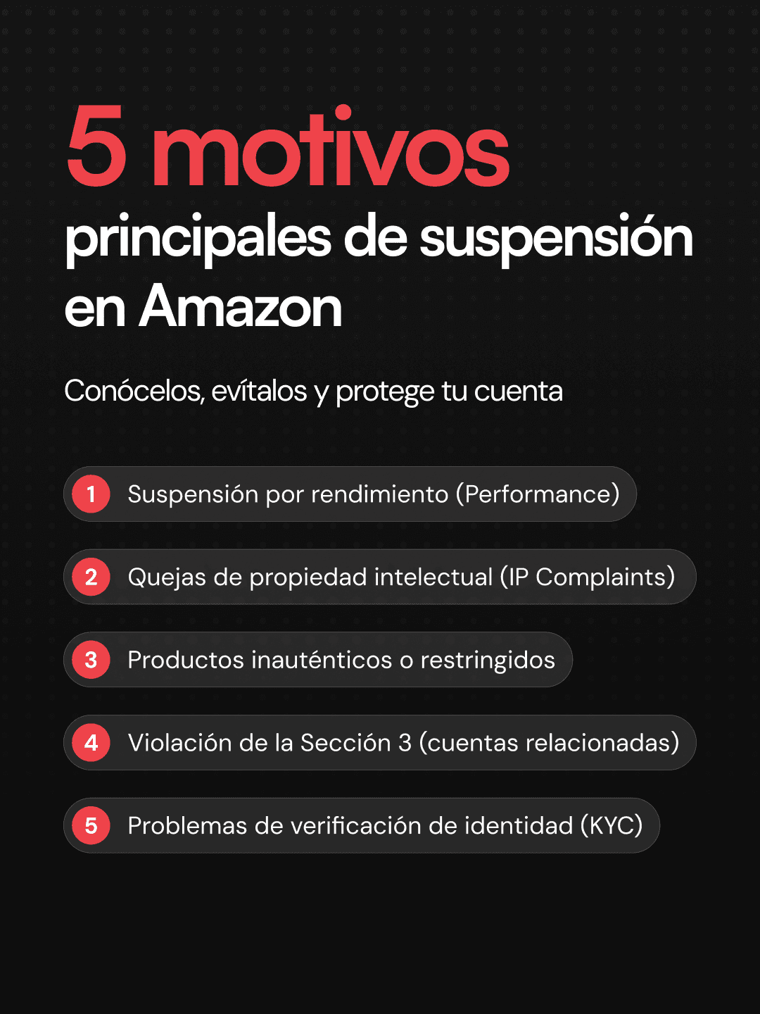  Infografía con los 5 motivos principales de suspensión de cuentas vendedor en Amazon
