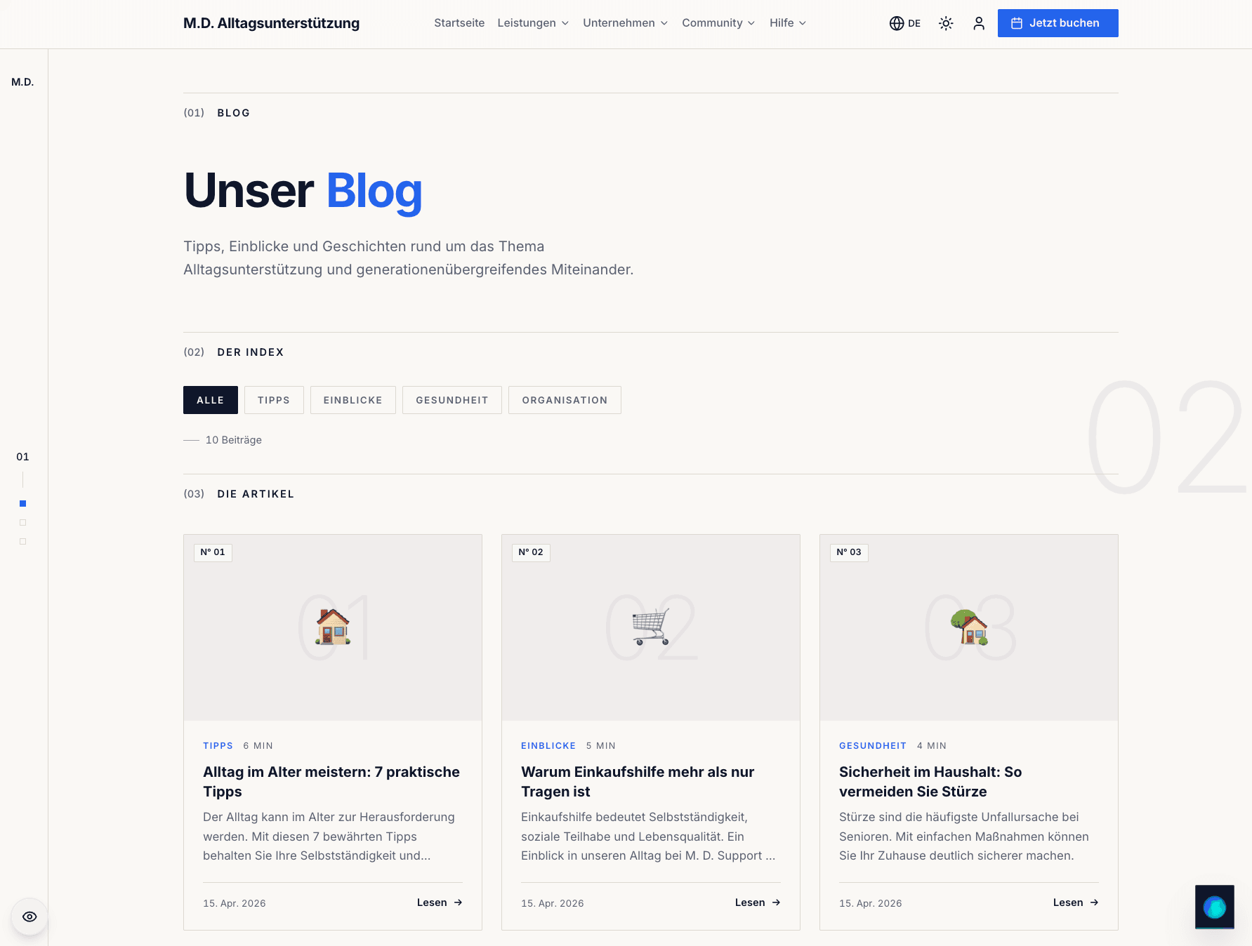 The blog — practical articles organised by topic in the same editorial design system.