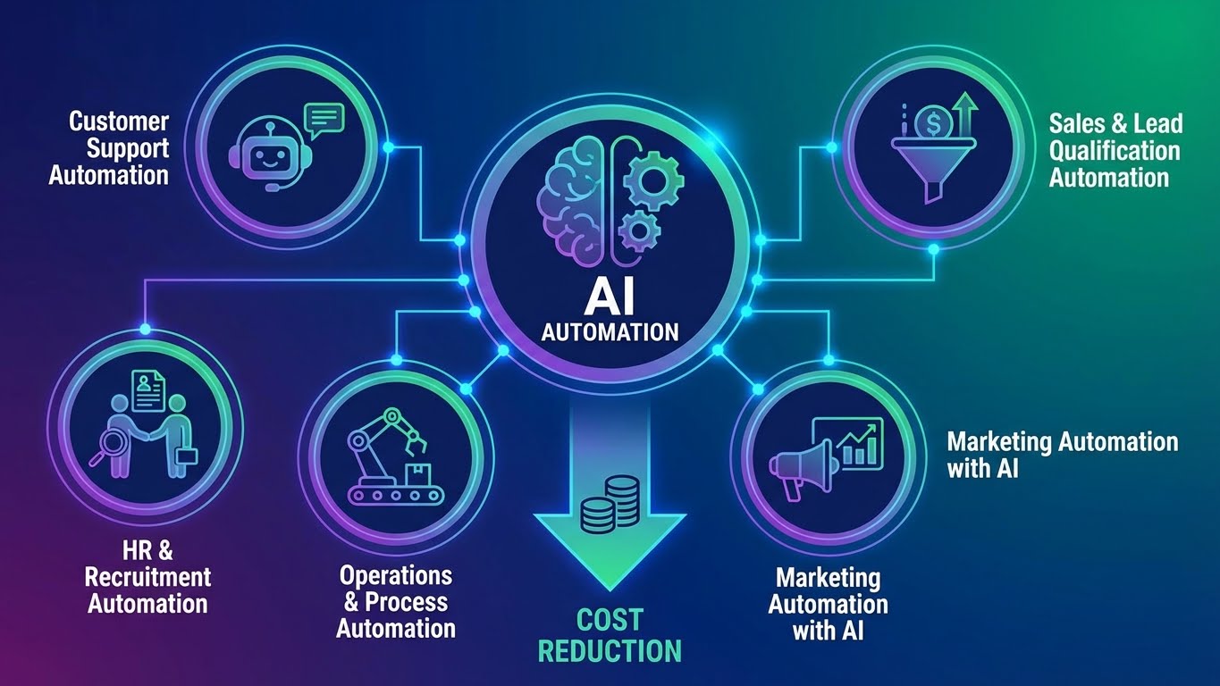 Diagram showing key areas where AI automation reduces costs across customer support, sales, operations, HR, and marketing