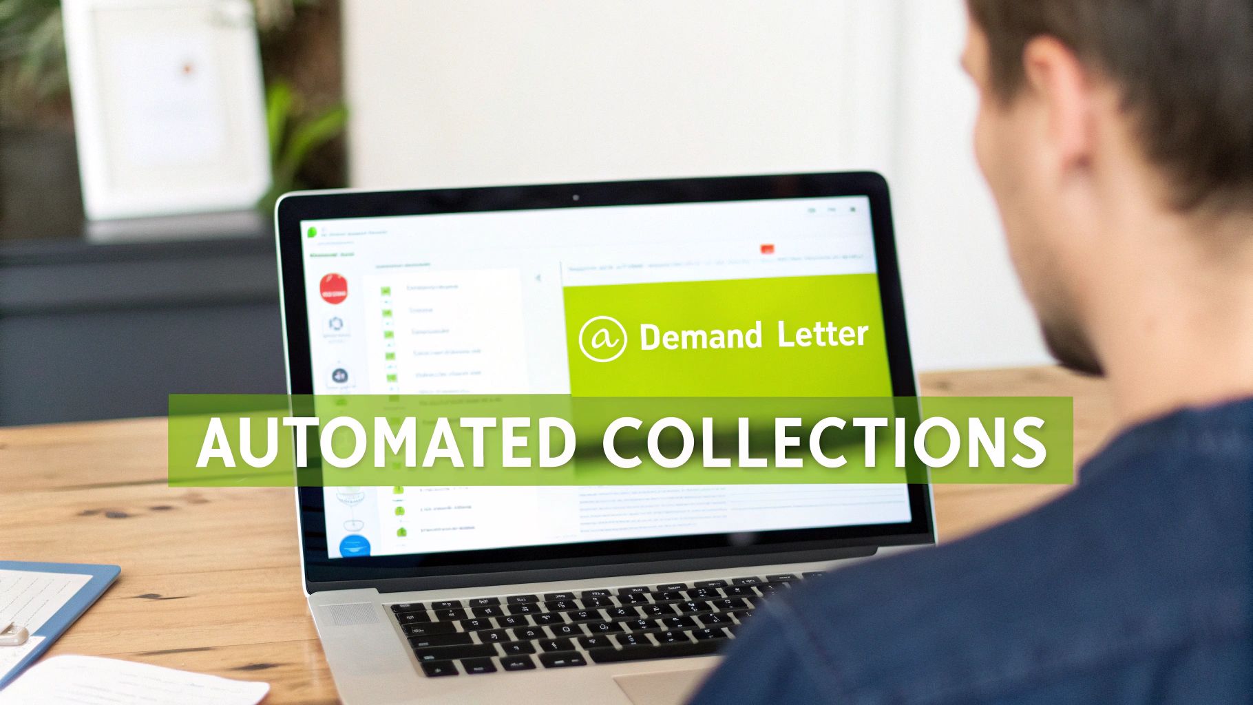 A person views a laptop screen displaying a 'Demand Letter' and 'AUTOMATED COLLECTIONS' for financial processes.