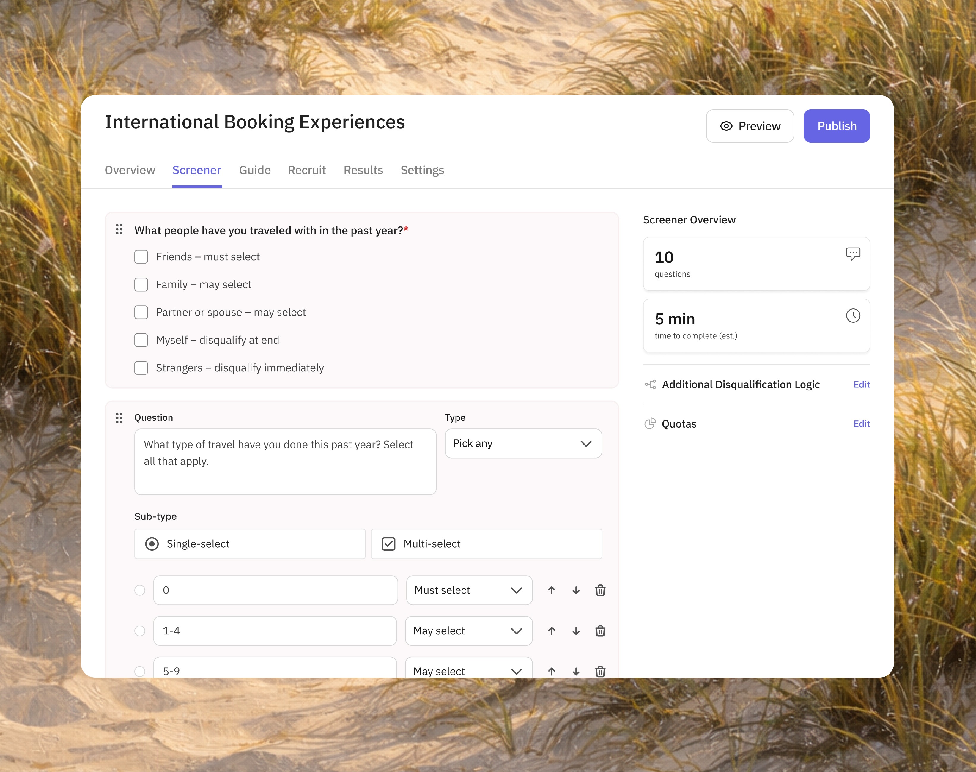 User research guide editor with questions and stimulus image