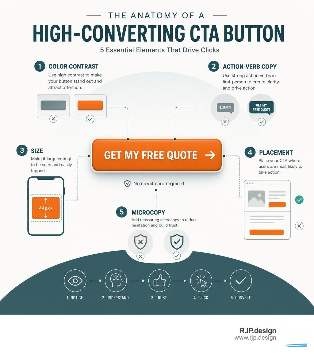 Infographic showing the anatomy of a high-converting CTA button: color contrast, action-verb copy, size, placement, and