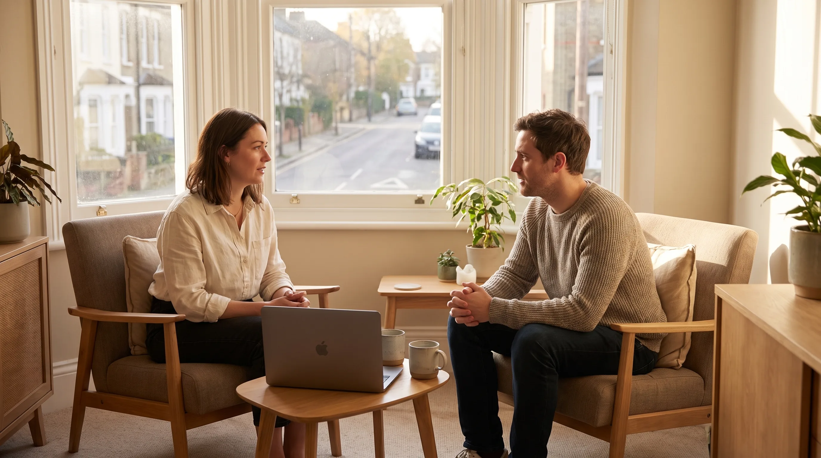 A coach and client talk across armchairs in a bright room with a MacBook on the side table between them