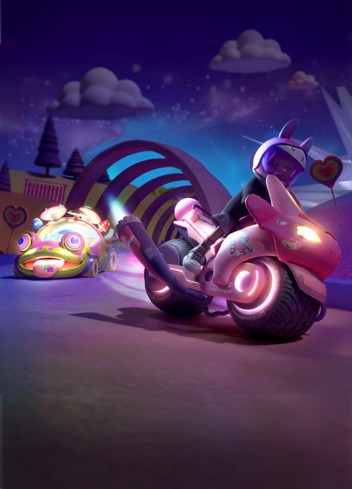 a frog themed car racing a bije with and avatar that has a buny helmet on