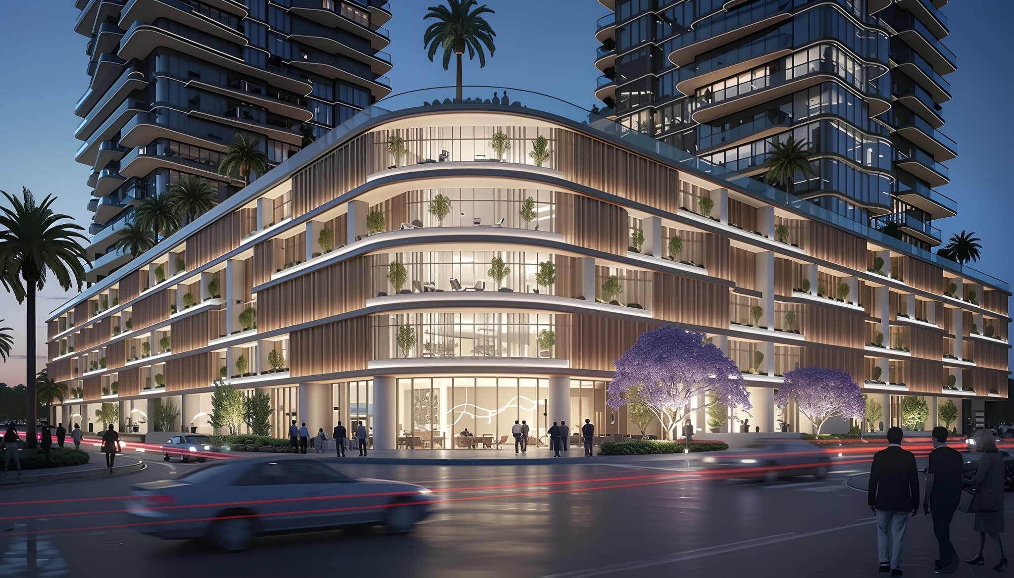 Construction of two radiant atrium towers in the city, highlighting innovative urban development.