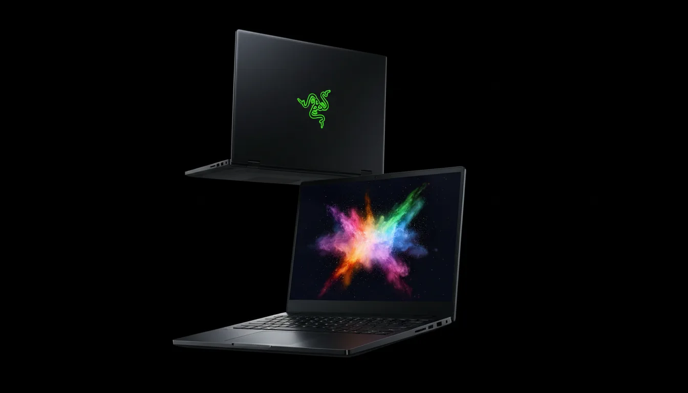 Commercial DSLR product shot of two matte black metal Razer laptops floating against a pure black background, dramatic studio lighting, cinematic contrast. One laptop is open in the foreground, angled to the side, its screen glowing with a vibrant, abstract wallpaper of explosive rainbow-colored light streaks. The second laptop is closed, floating behind and above the first, showing its lid with a prominent glowing neon green logo. Sharp focus, clean reflections, high-end aesthetic.
