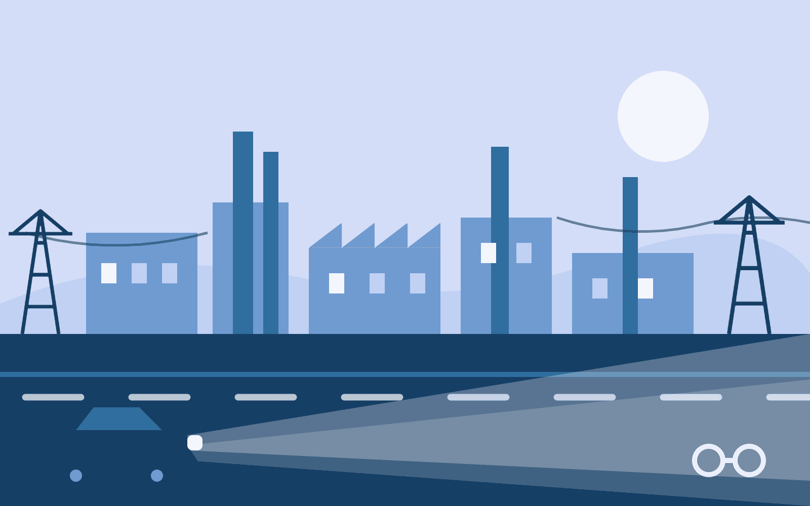 Illustration of an industrial skyline with factories and power lines, lit by a car's headlights on the road