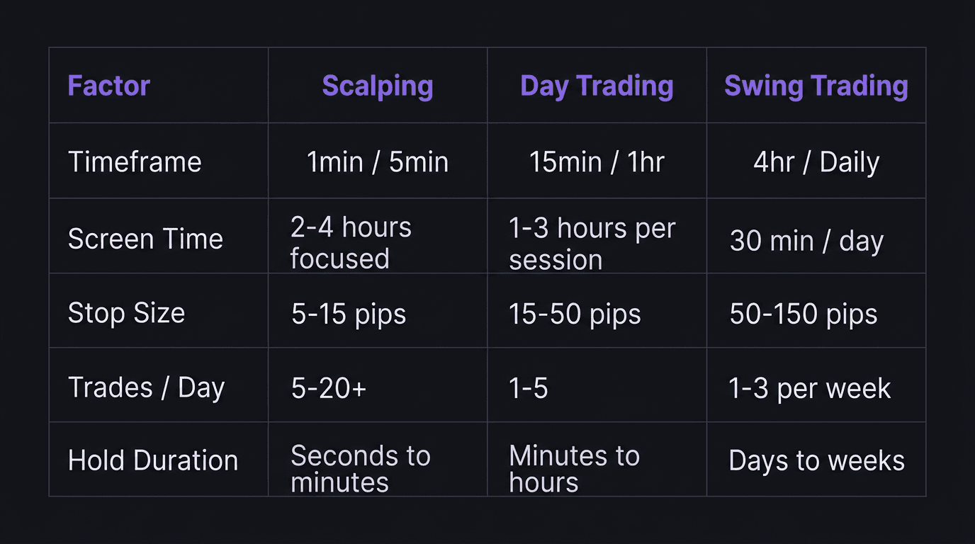 Comparison table showing scalping, day trading, and swing trading across timeframe, screen time, stop size, trades per day, and hold duration