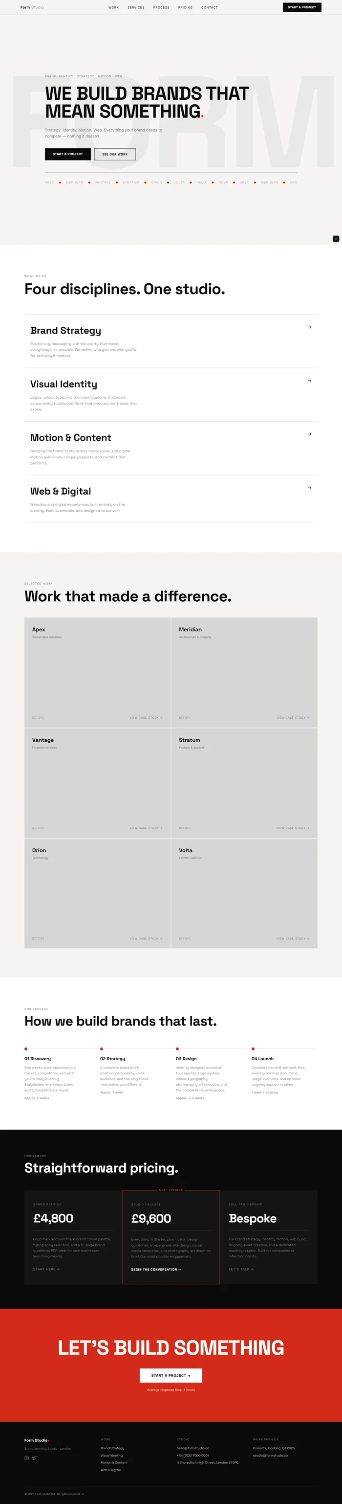 Full preview of a type-dominant branding studio website in warm off-white with pure black and a single electric red accent. The hero uses no photography — just Space Grotesk 800 at massive scale and a ghosted "FORM" watermark at 4% opacity.
