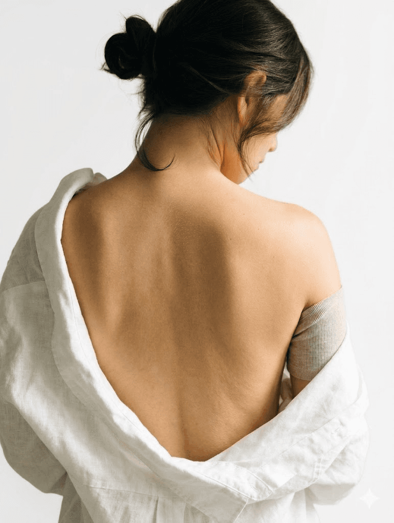 topless woman with brown hair