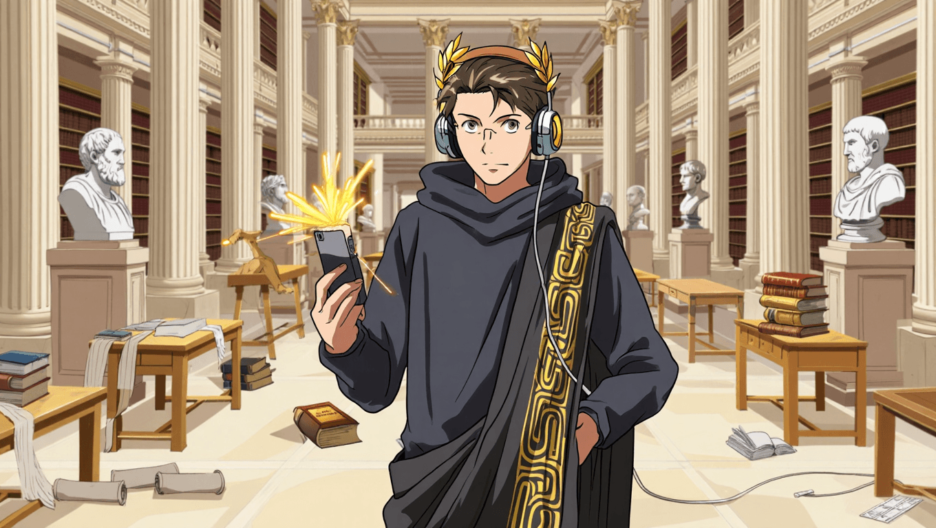 Law student in neoclassical library with AI law study app