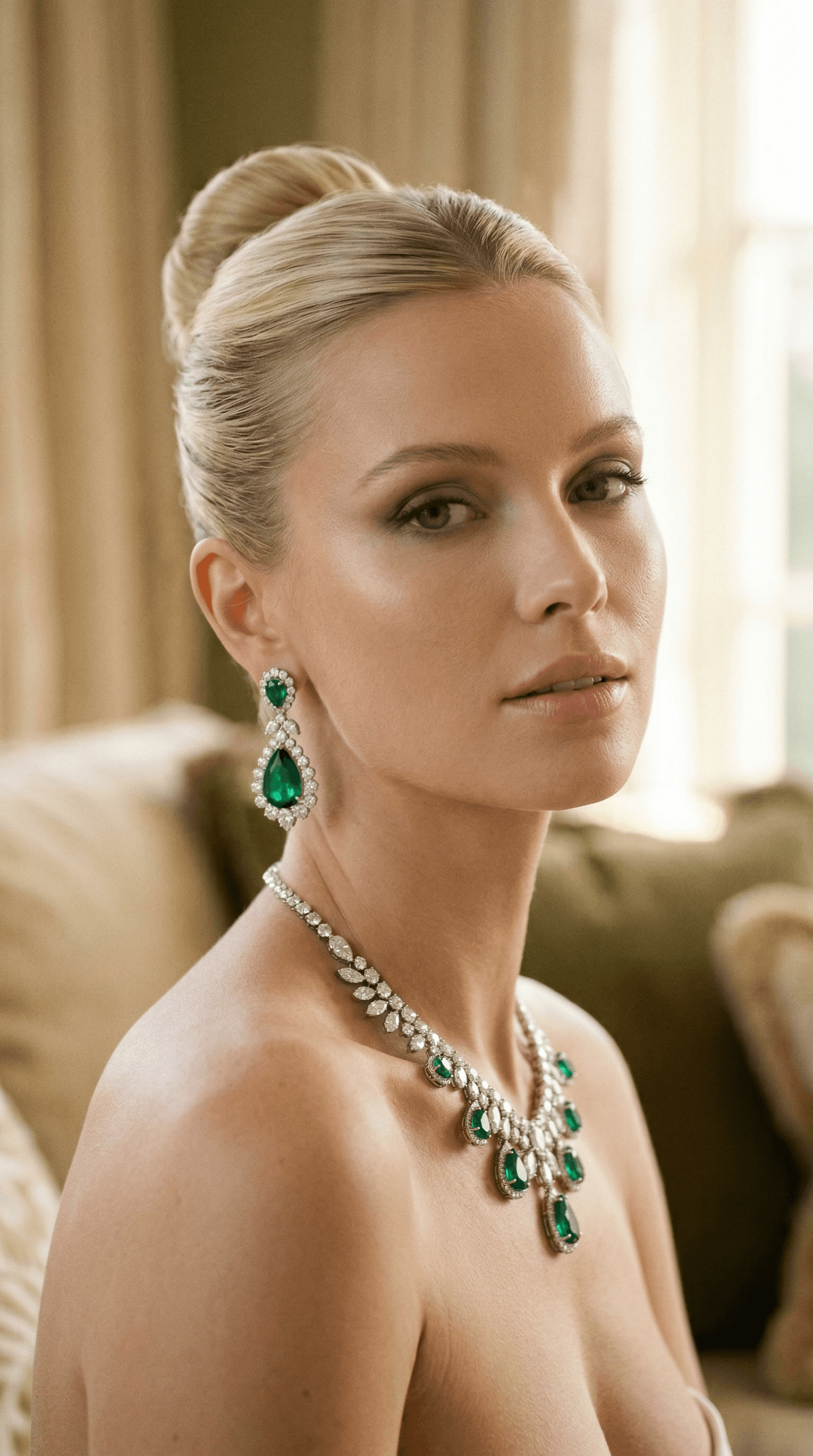 Blonde model wearing emerald earrings and emerald diamond necklace in luxury portrait