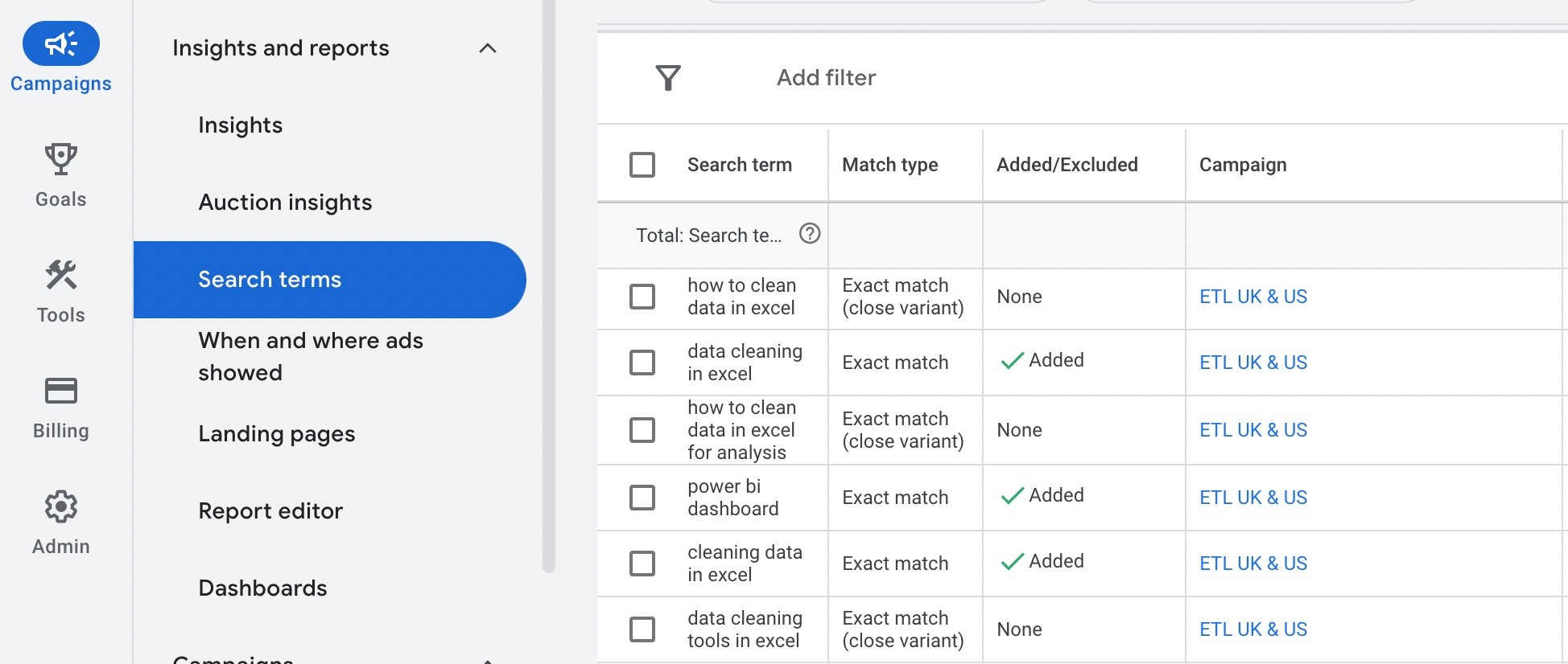 A view from Google Ads management console showing a list of search terms