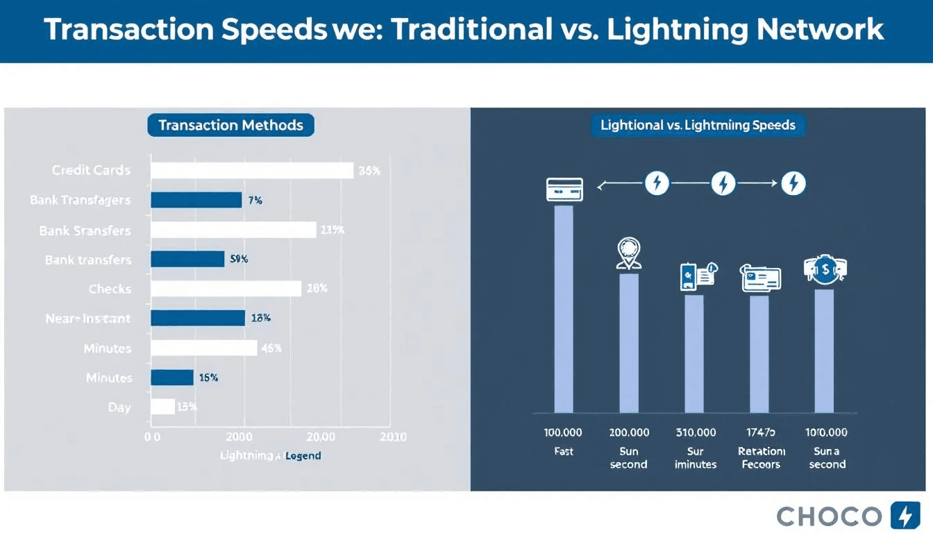 The image is a comparison chart illustrating the transaction speeds of traditional payment methods versus the lightning network. It highlights how the lightning network enables faster and cheaper transactions through payment channels, offering significant advantages for peer-to-peer payments and global payments.