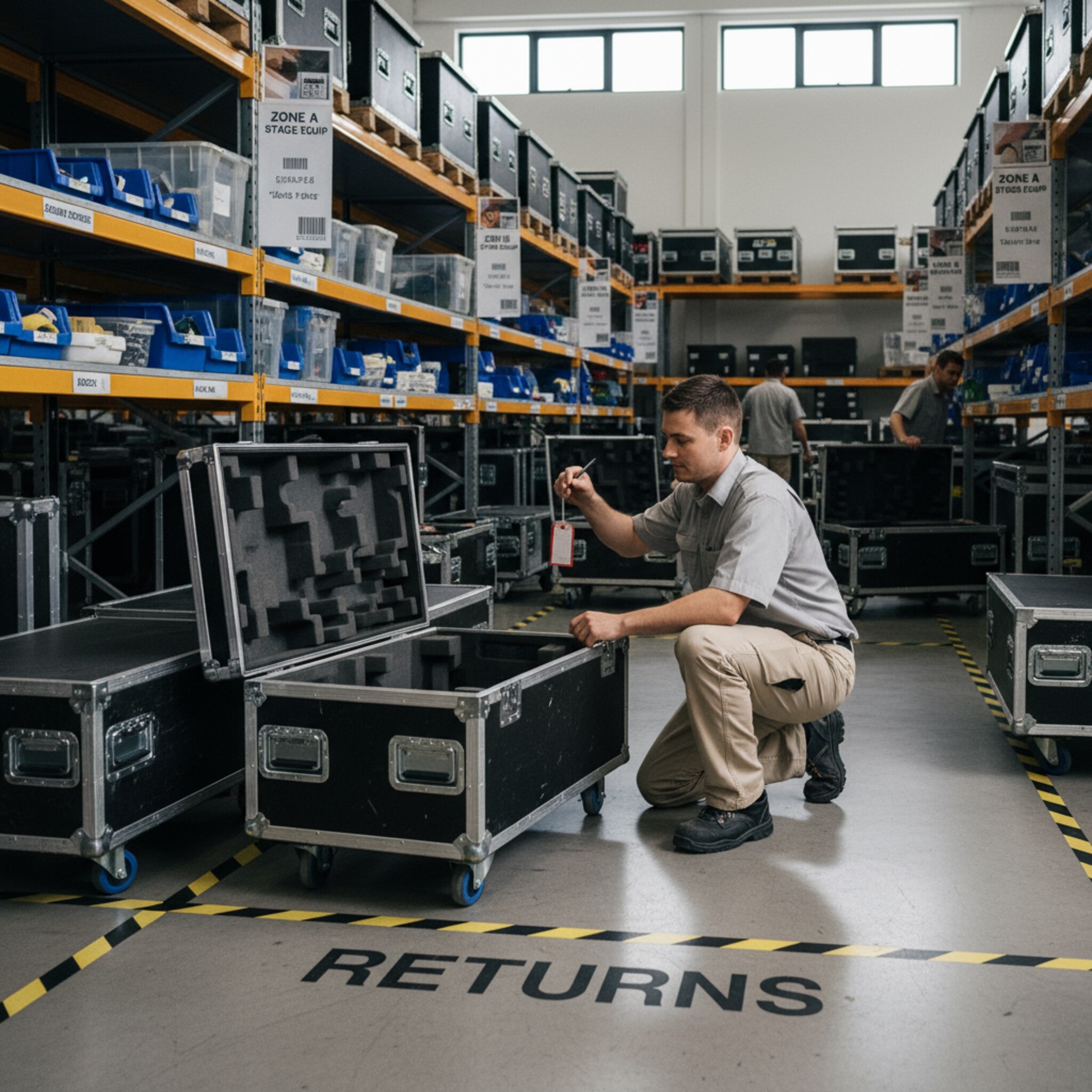 Im Lager werden zurückgekommene Cases auf eine markierte Rückgabefläche gerollt. Ein Mitarbeiter öffnet eine Kiste, prüft Schaumstoffeinlagen und notiert eine kleine Beschädigung auf einem Anhänger. Dahinter reihen sich Regalböden mit klaren Zonenbeschriftungen. Die Szene wirkt ruhig und methodisch nach einem intensiven Event.