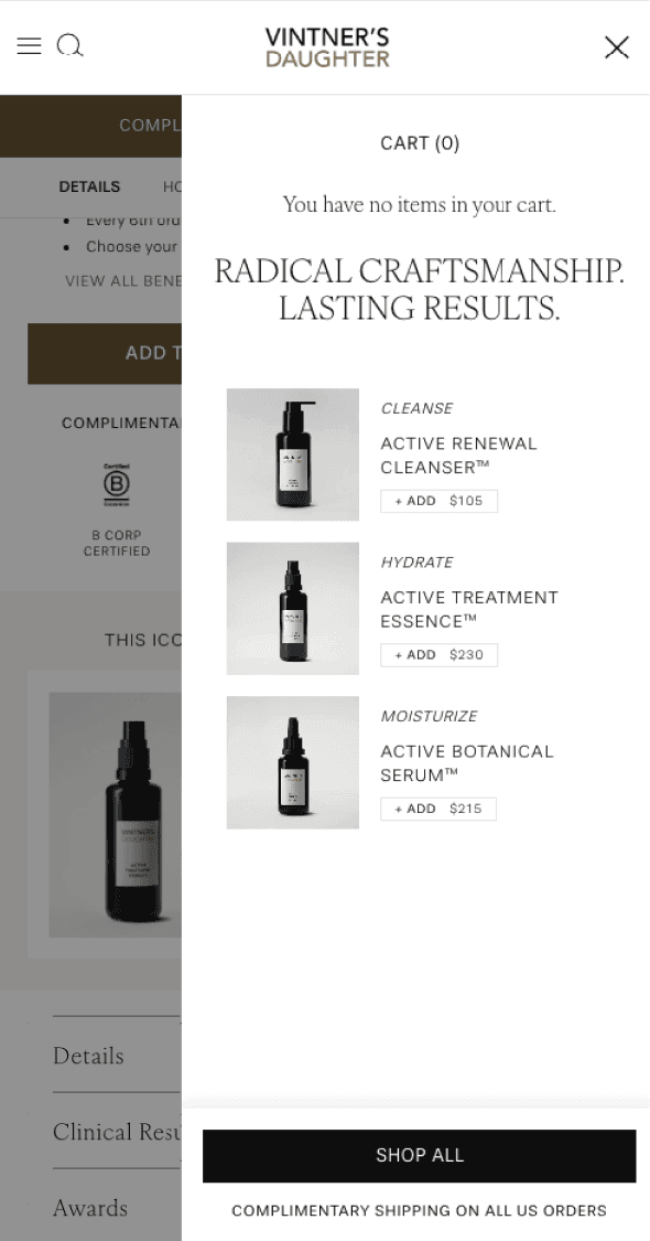 Mobile mini-cart displaying Vintner’s Daughter product selection