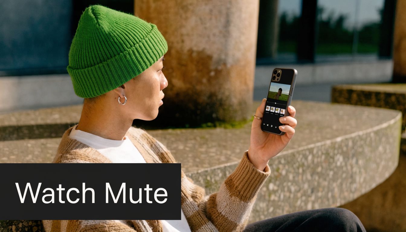 A person wearing a green beanie holds a smartphone while editing a video on the screen.