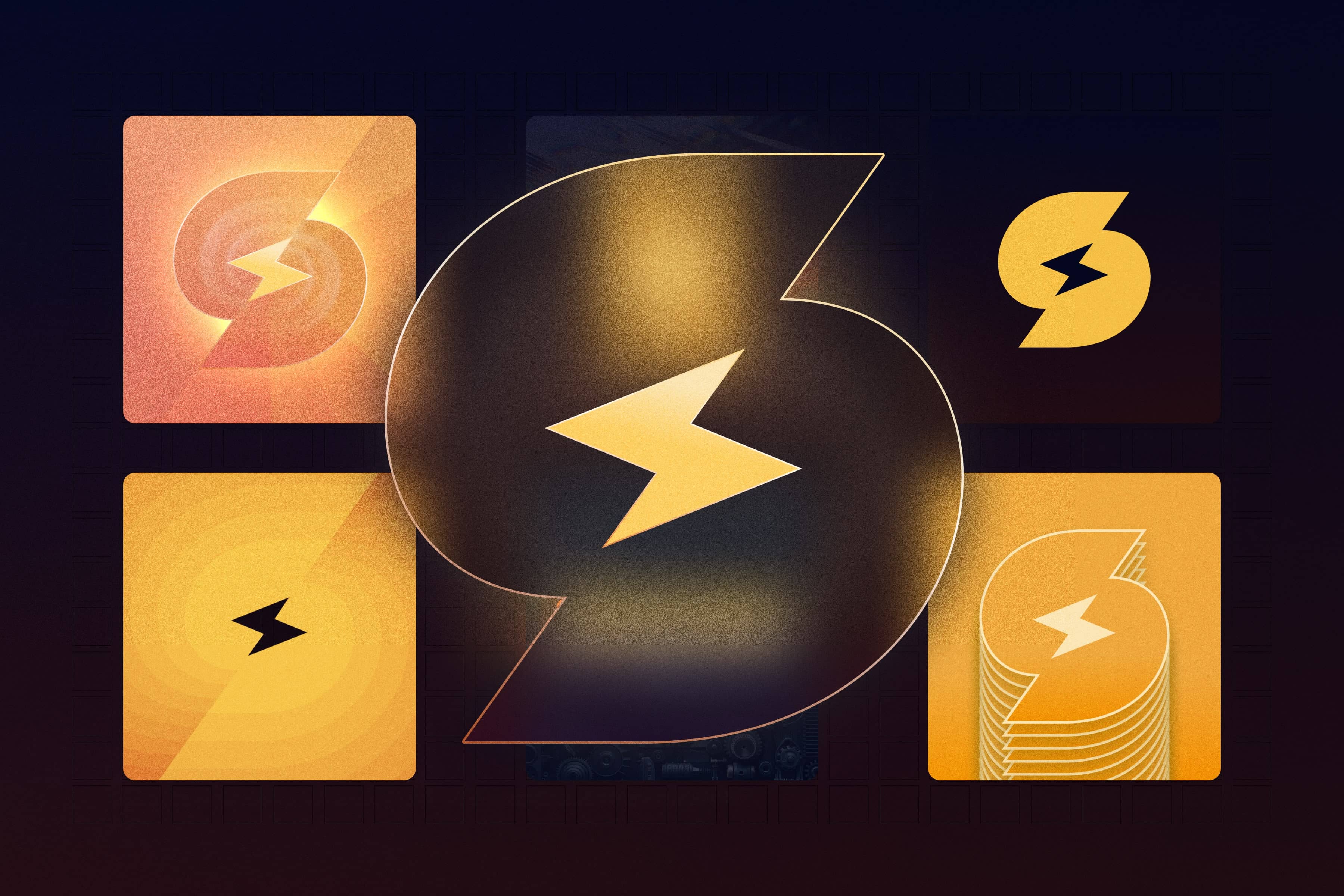 A graphic design with a circle in the center, surrounded by four other circles. The circle in the center has a lightning bolt symbol, while the other circles have different symbols. The image is set against a dark background.