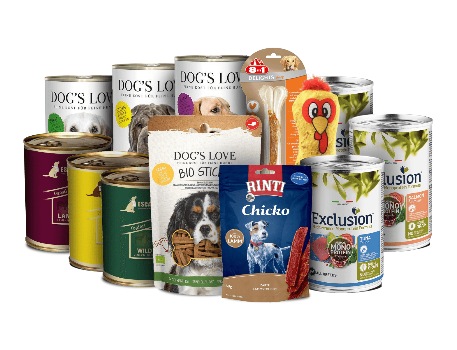 Selection of dog food cans and treat packages including Dog's Love, Rinti Chicko, and Exclusion, displayed on a white background