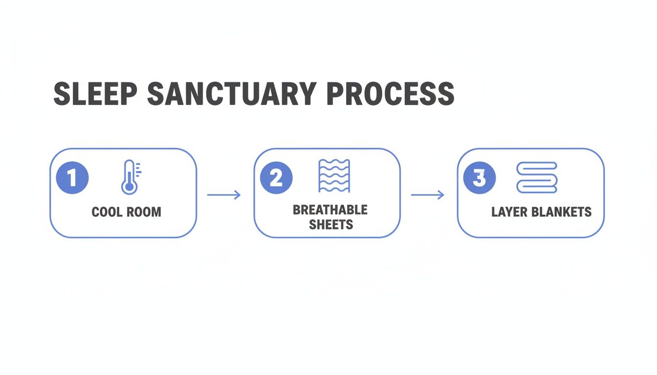 A diagram illustrates the 'Sleep Sanctuary Process' with three steps: Cool Room, Breathable Sheets, and Layer Blankets.