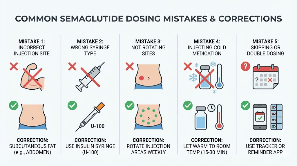 Common semaglutide dosing mistakes and corrections infographic
