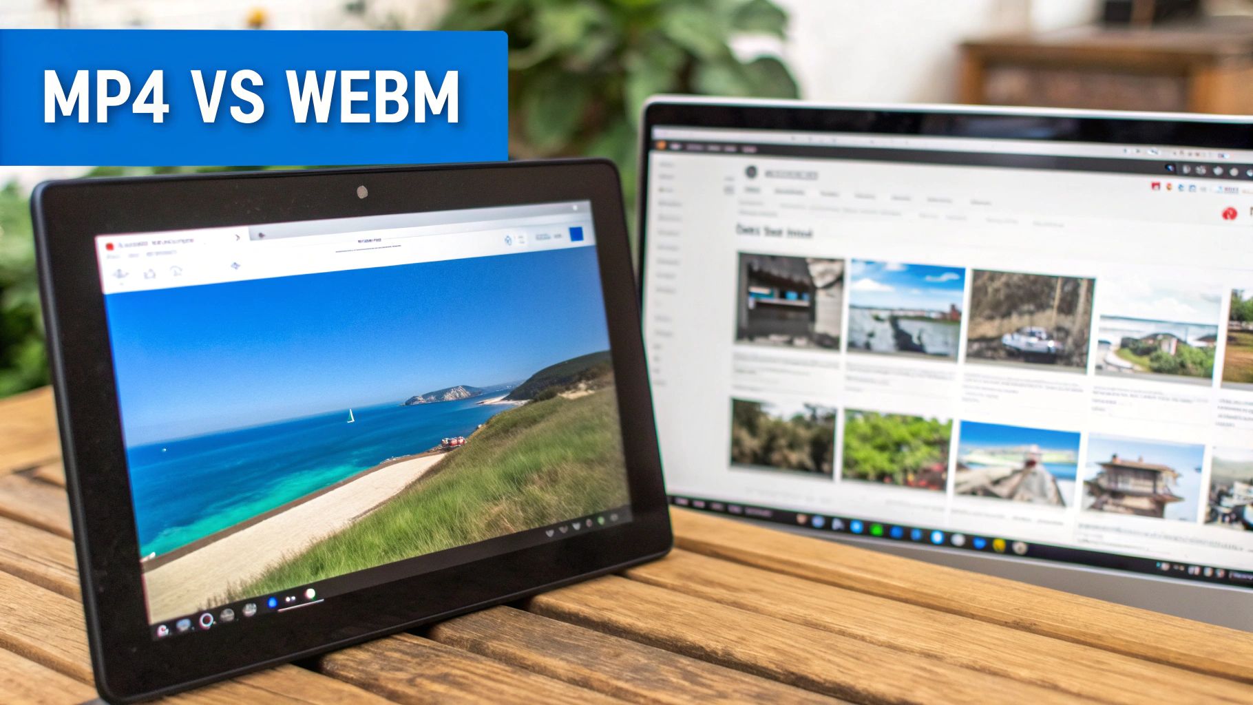 A split-screen image showing a video player icon on one side and web code on the other, representing the choice between MP4 for universal playback and WebM for web optimization.