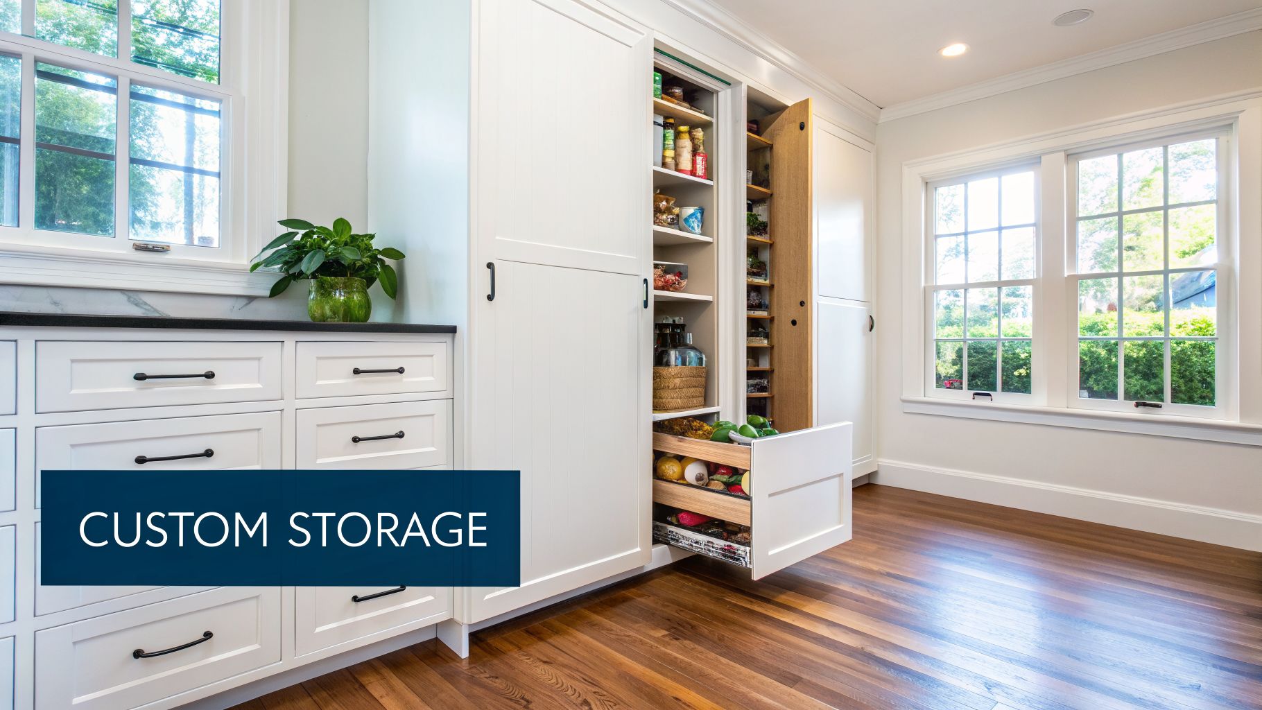 Modern white custom kitchen pantry with pull-out shelves, storing food, fruits, and vegetables.