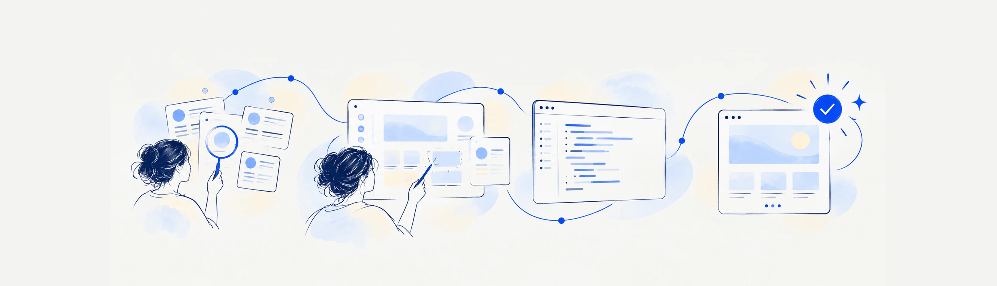 How we work in fine navy linework with cobalt accents and pale watercolor washes.