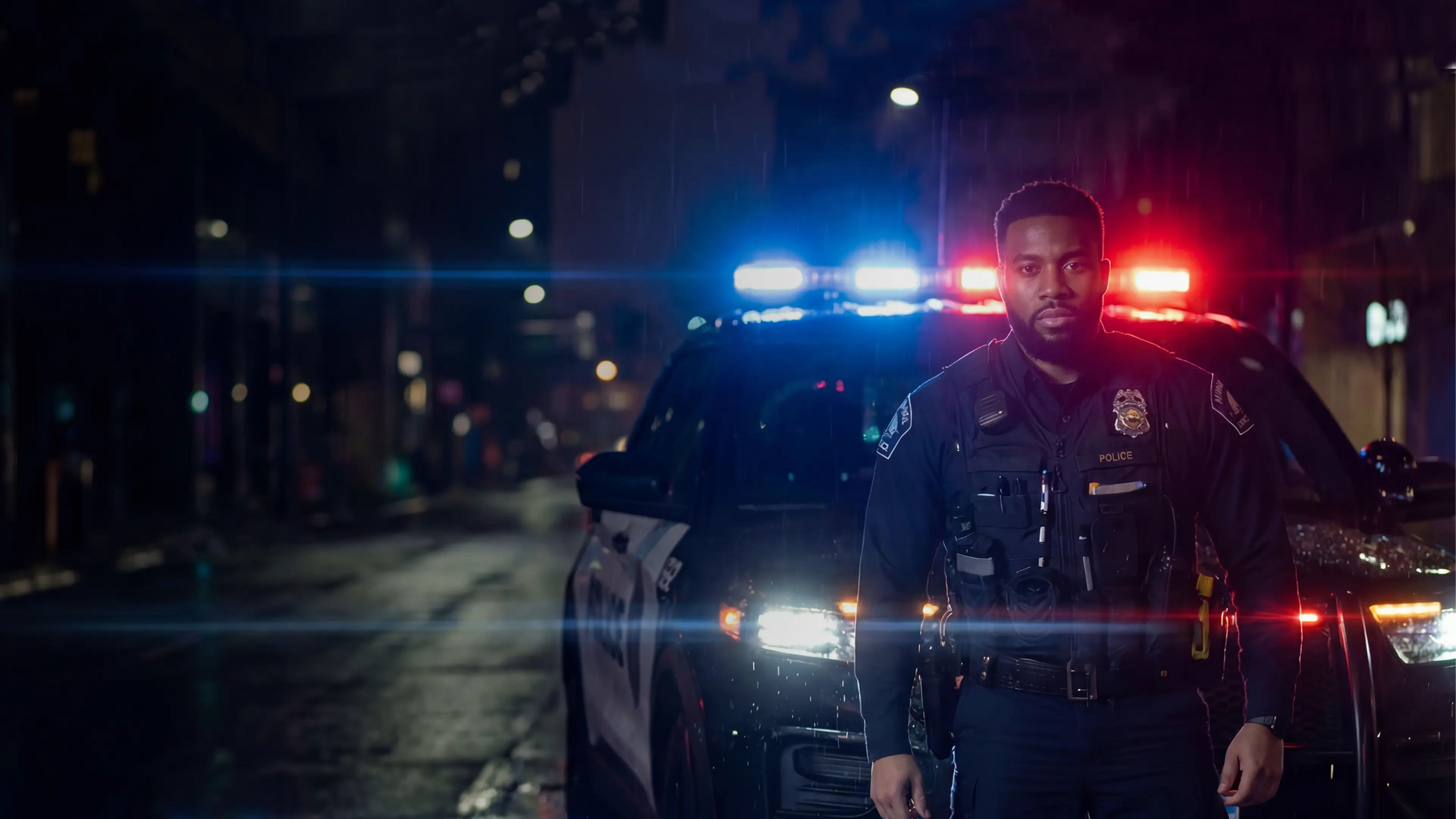 Patrol officer using a Guardian Fleet Safety upfit police vehicle on shift