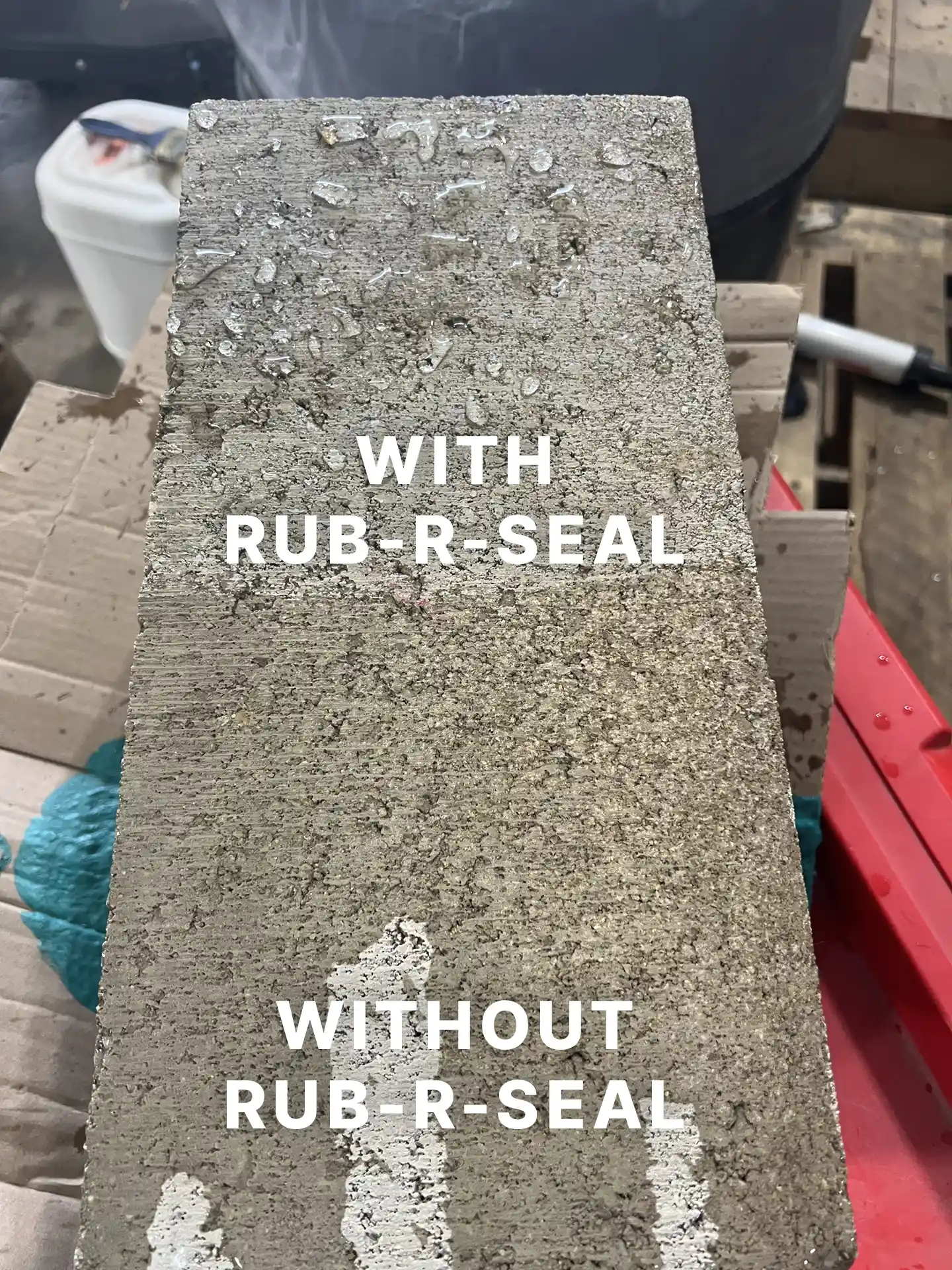 A concrete block with water beading from Rub-R-Seal waterproofing it