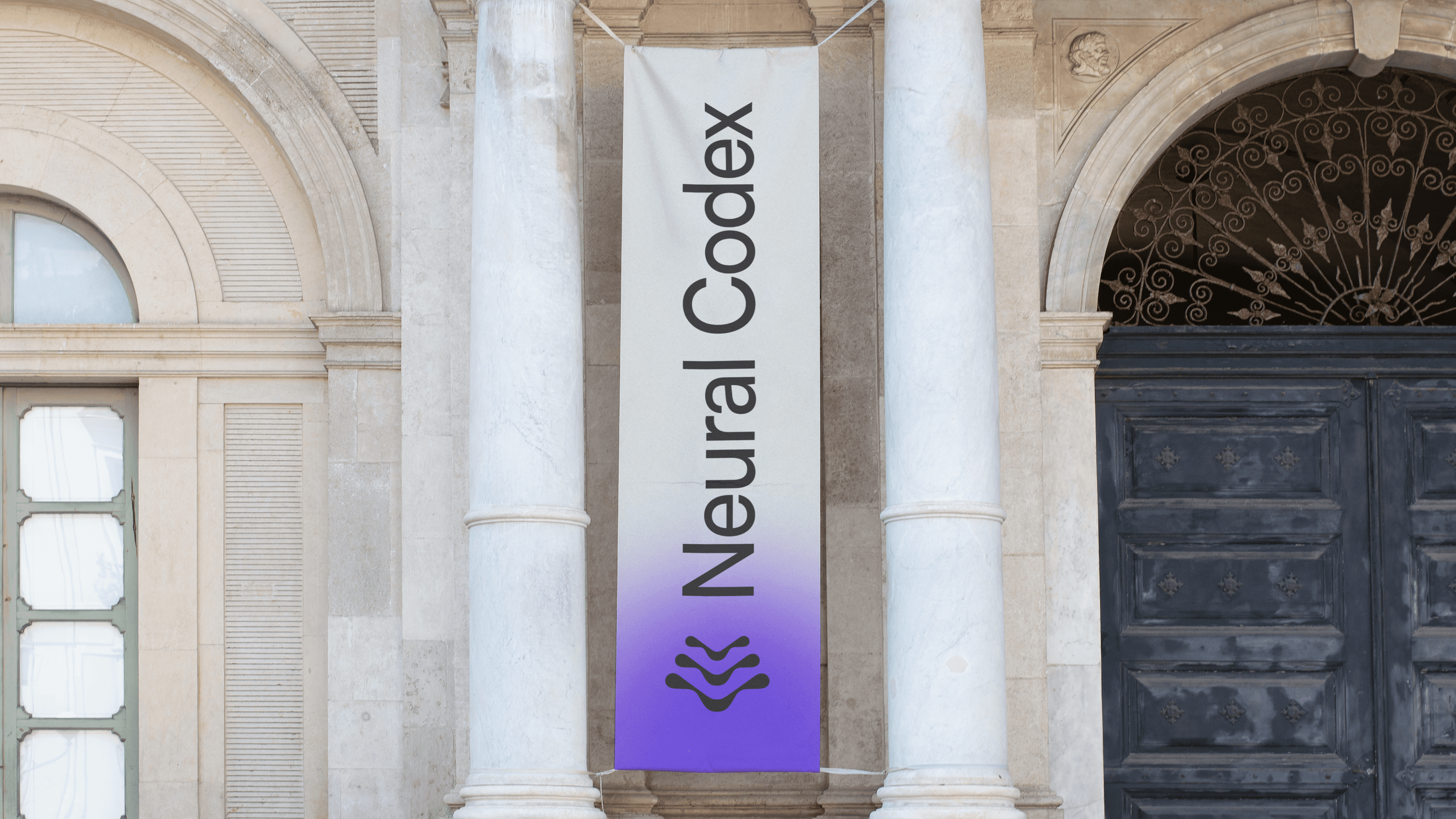 Image of a out-of-house vertical banner with the vertical variant of Neural Codex logo.