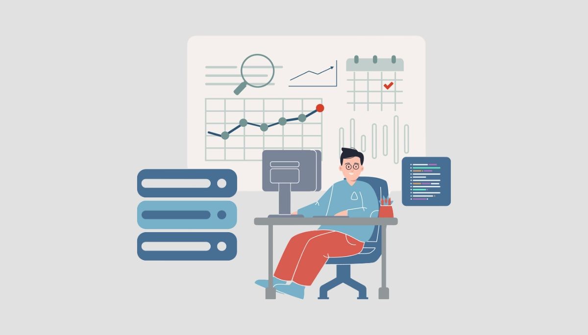 Illustration of a developer working at a desk surrounded by graphs, code, and server stacks.