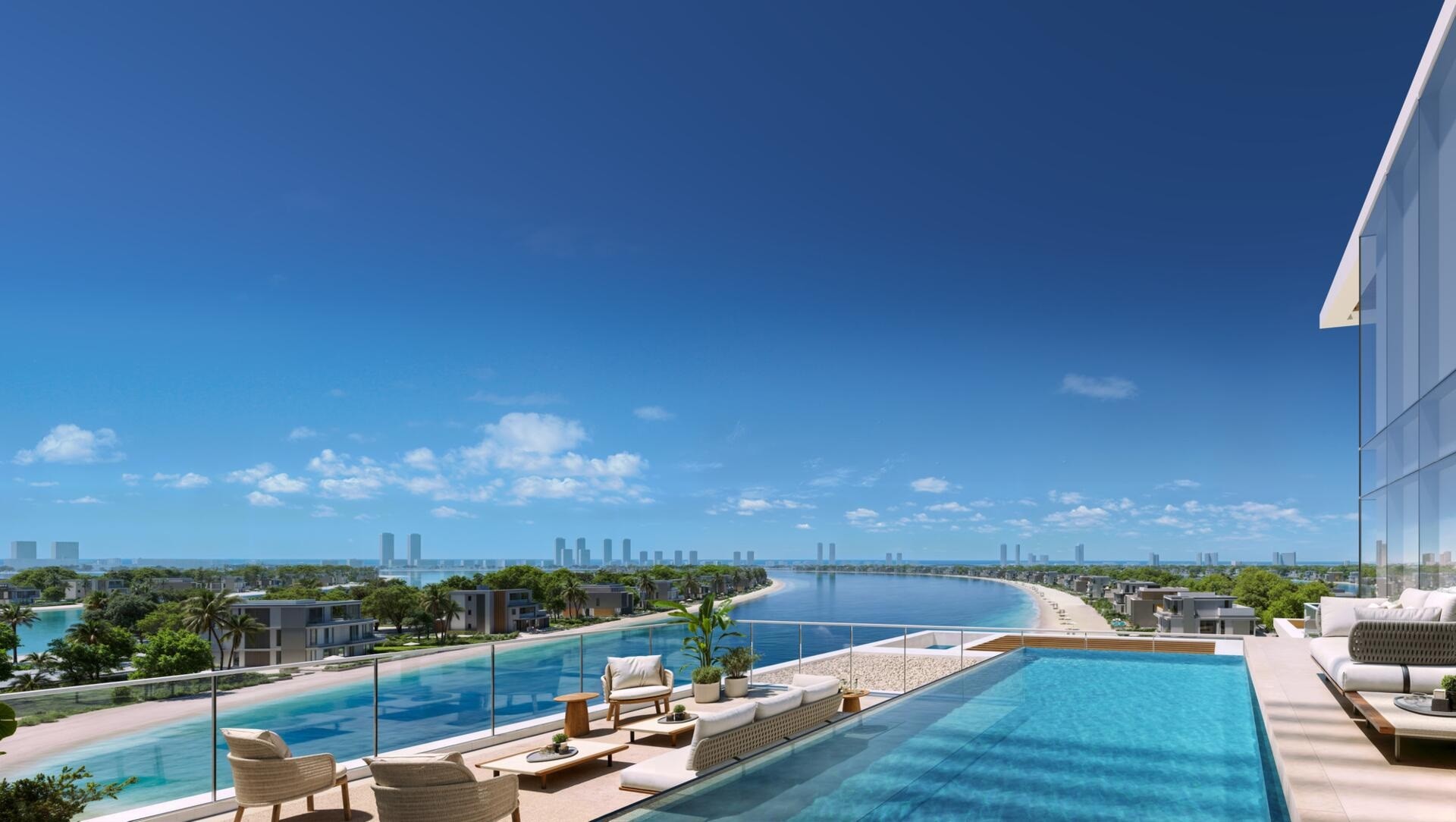 Aerial view of Palm Central Private, a new luxury development in Dubai, highlighting its innovative architecture.