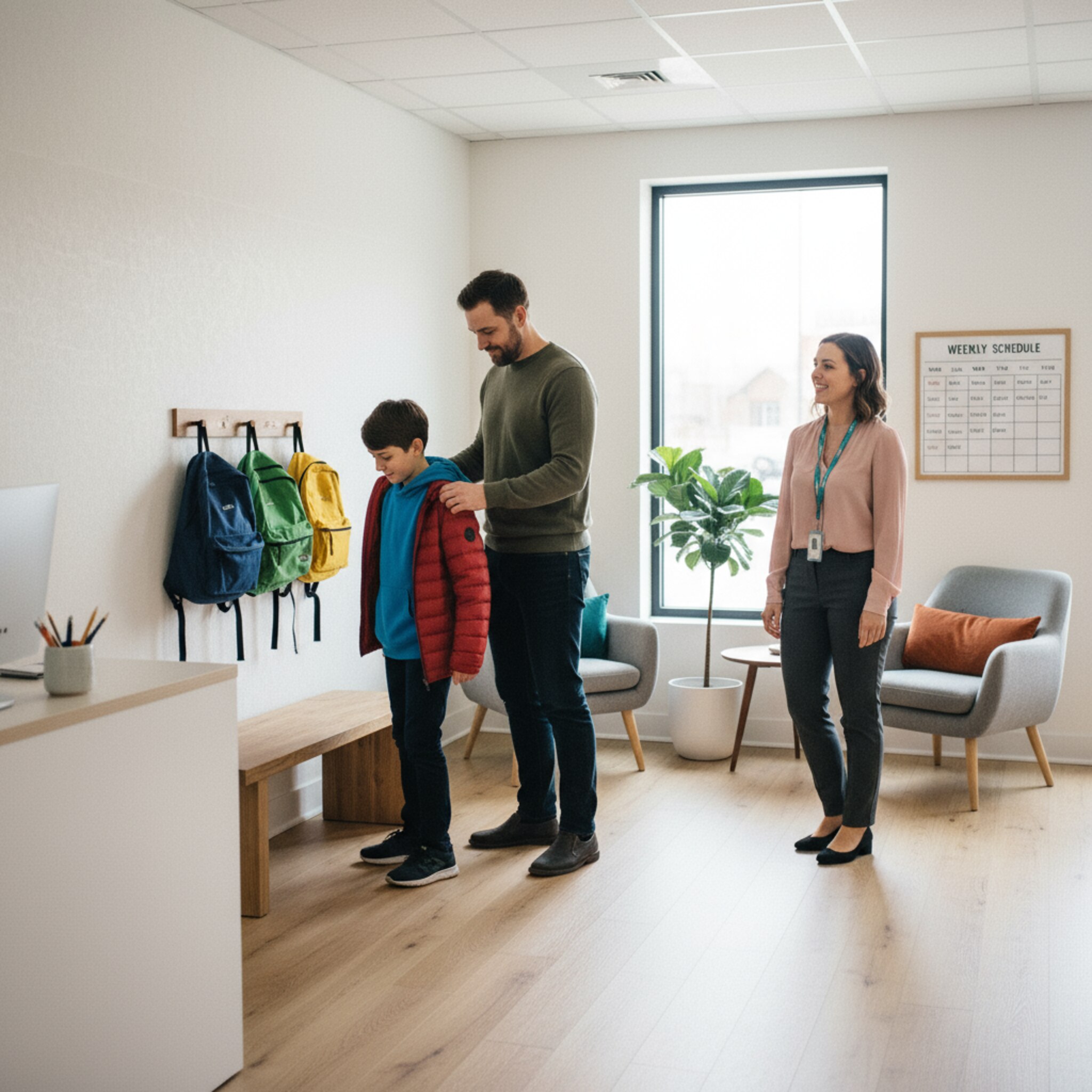 Ein Empfangsbereich mit Sitzecke, in dem ein Vater seinem Sohn die Jacke abnimmt. Eine Mitarbeiterin begrüßt die beiden freundlich. Neben der Tür hängt ein Wochenplan mit Kurszeiten. Schultaschen stehen ordentlich an der Wand. Es wirkt aufgeräumt, willkommen heißend und professionell.