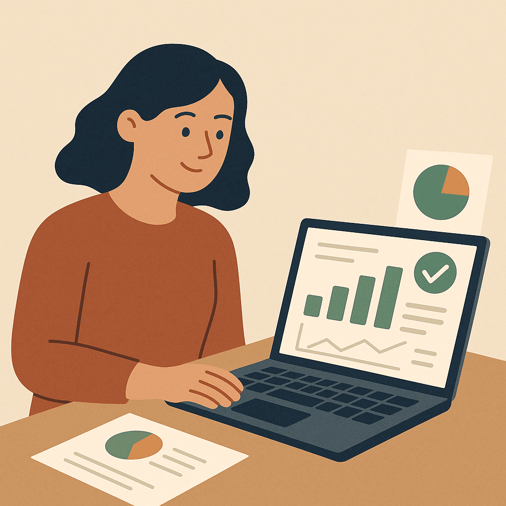 Illustration of a nonprofit worker reviewing a clean, automated grant report with charts and metrics on a laptop.