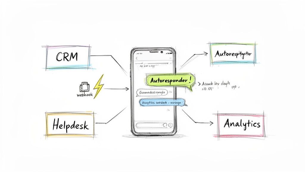 A hand-drawn diagram illustrating a mobile phone integrating autoresponder with CRM, Helpdesk, and Analytics systems via webhooks.