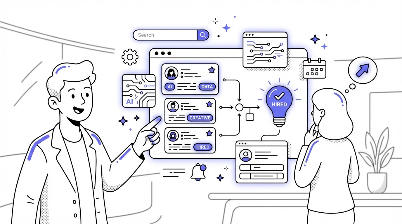 A modern illustration showing an AI interface reviewing job applications. The screen displays data visualizations, candidate profiles, and skill match indicators, with glowing tech elements in blue and teal. A human hand or silhouette is subtly visible, observing the process.