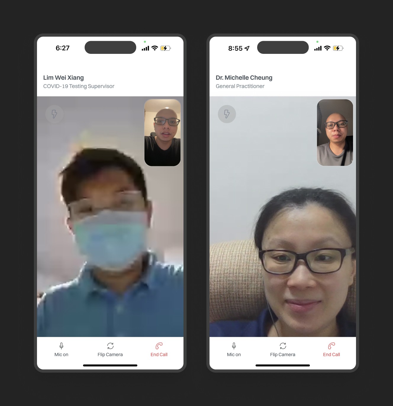 Screenshots of a teleconsultation app prototype illustrating user flow for booking appointments, with detailed steps from the selection of location to the completion of a consultation call.